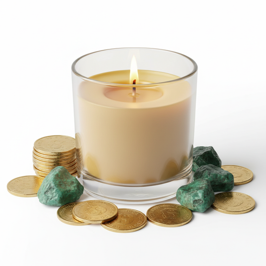 Vela Abundancia Dorada con cristales y monedas de oro