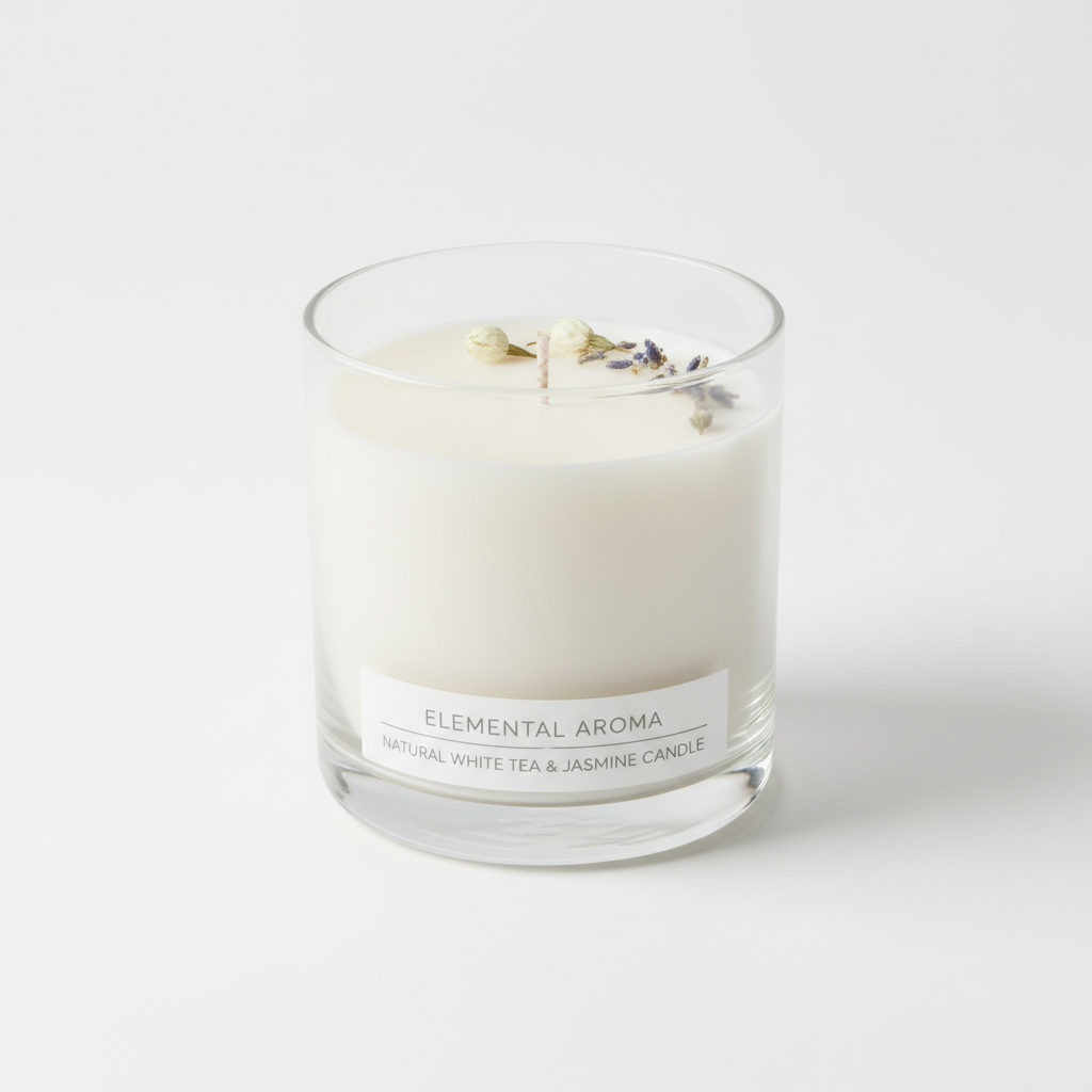 Vela aromática blanca en frasco de vidrio