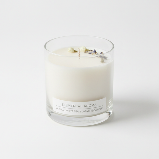 Vela aromática blanca en frasco de vidrio